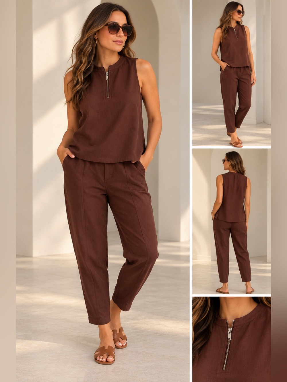 Brasil Em Gotas Brown Sleeveless Half-Zip Top & Tapered Pants 2-Piece Set XL